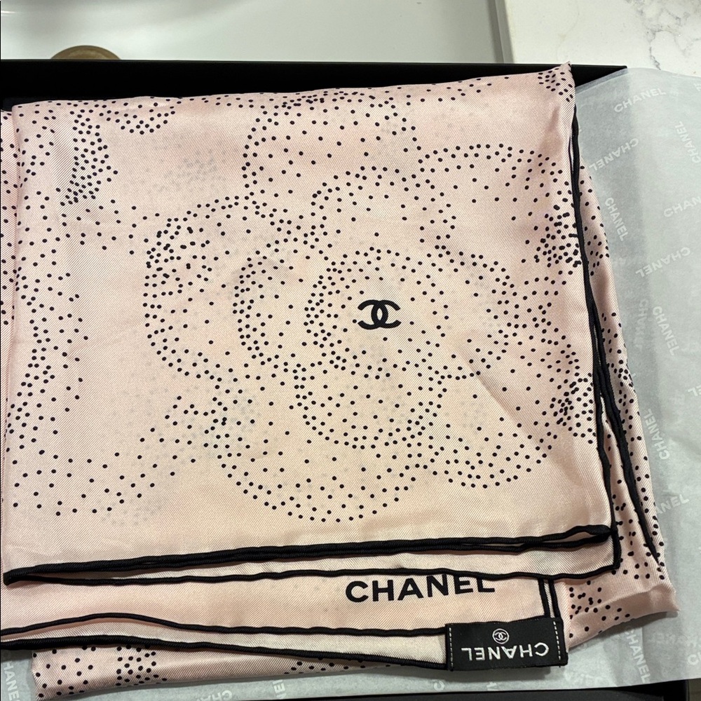 CHANEL Pink and Black Dot Floral Silk Scarf - Picture 3 of 10
